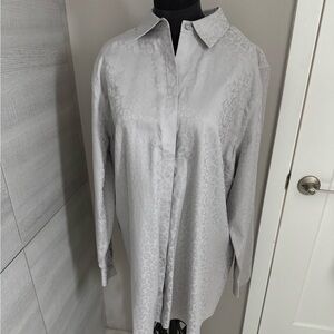 CHICO’S grey on grey fabric. Size 3. Which is an XL. Long button down shirt.